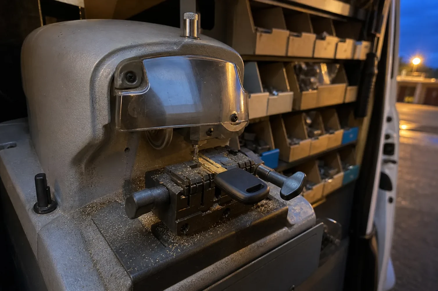 Key cutting machine in the service van, Renton, WA